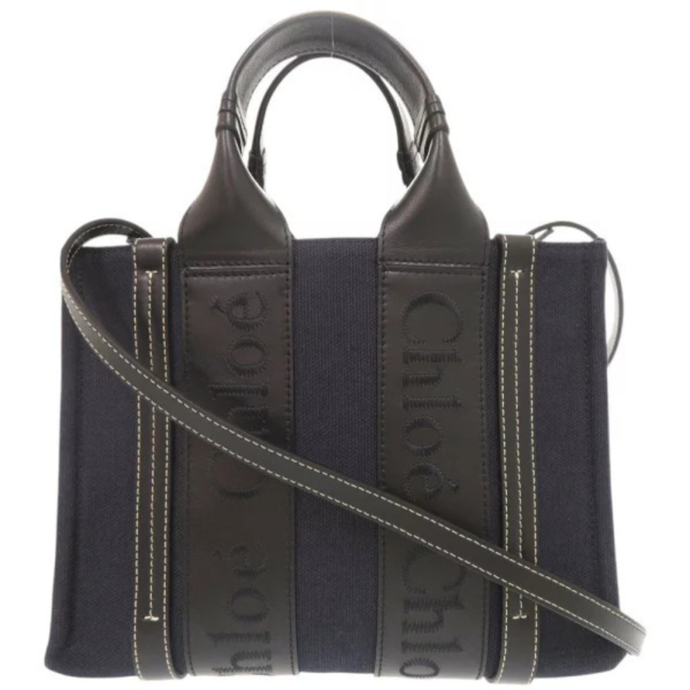 Chloe Woody Tote Bag Leather Canvas Navy Blue Black Handbag Shoulder